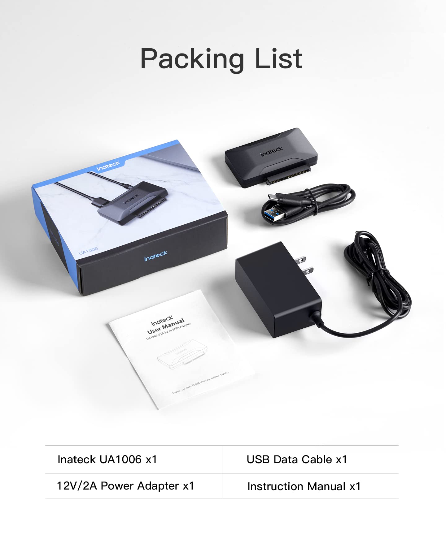 Inateck Adapter SATA USB, USB 3.2 Gen 2 do dysku twardego 2,5/3,5" SSD/HDD, zasilacz 12 V/2 A wchodzi w zakres dostawy, dwukierunkowa transmisja