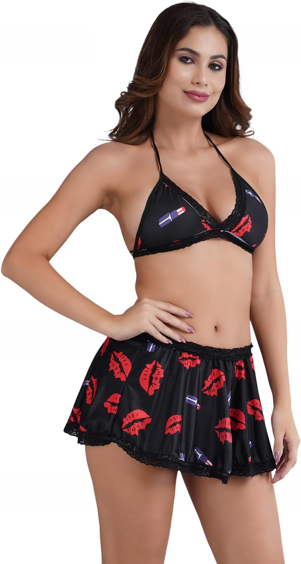 Printed Premium Satin Ultrasoft Babydoll Lingerie Bodysuit Swimwear Mini Chemise Mesh Wedding Bikini Bra Skirt Nightie Bridal Honeymoon Valentine Halloween Nightdress with Panty