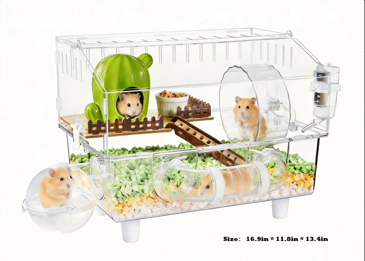 8-in-1 Acrylic Hamster Cage, Clear Transparent Habitat with All Accessories, Multi-Level Small Animal Enclosure with 2 Hideout for Summer and Winter