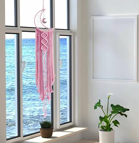 Miniatura 4 de Atrapasueños Atrapasueños Rosa para Dormitorio de Niñas Decoración de Pared para Mujeres, Atrapasueños de Luna con Luz, Atrapasueños de Macramé