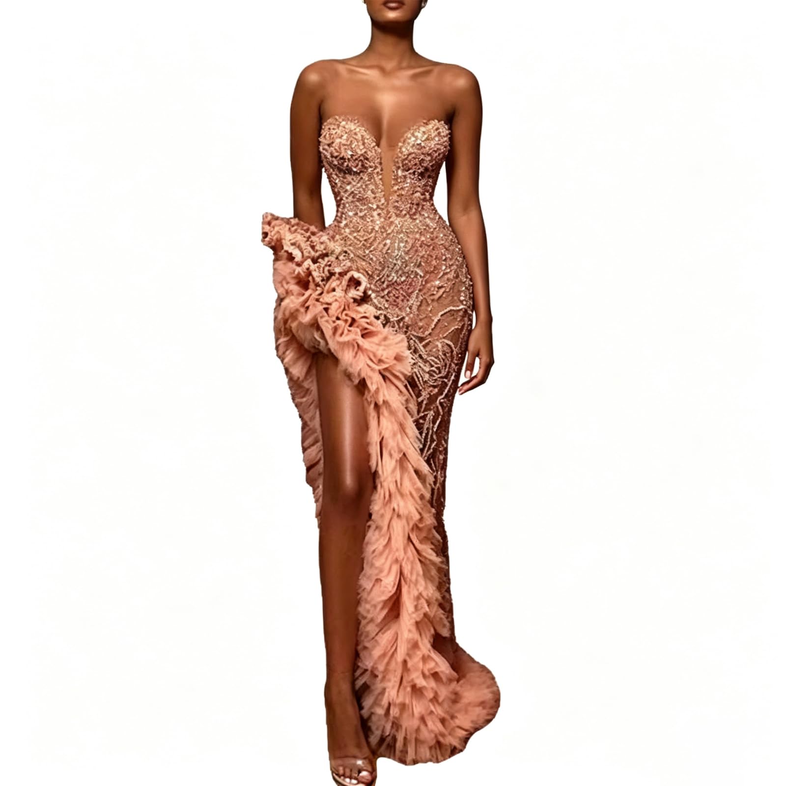 Abito da Sera da Sirena Elegante da Donna con Paillettes E Tulle