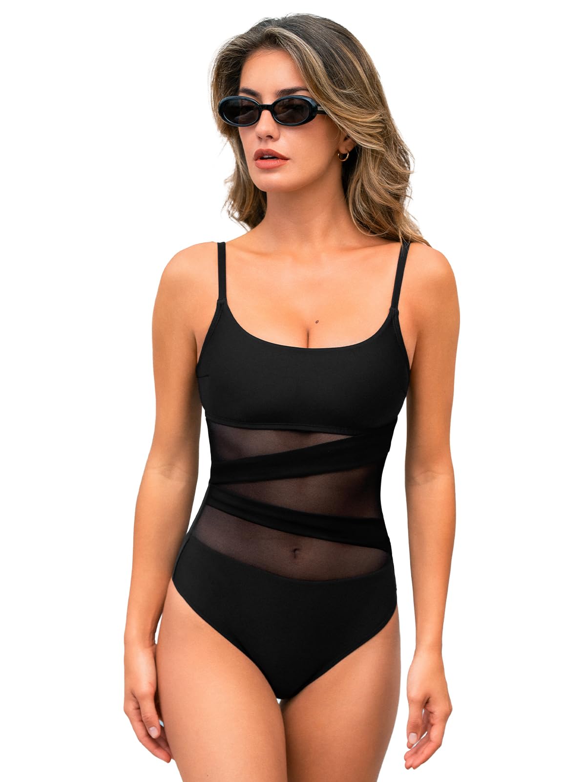CUPSHE Badeanzug Damen Scoop Neck Mesh Verstellbare Monokini | Träger Rückenhaken,Bequeme Passform,Für Strand und Pool