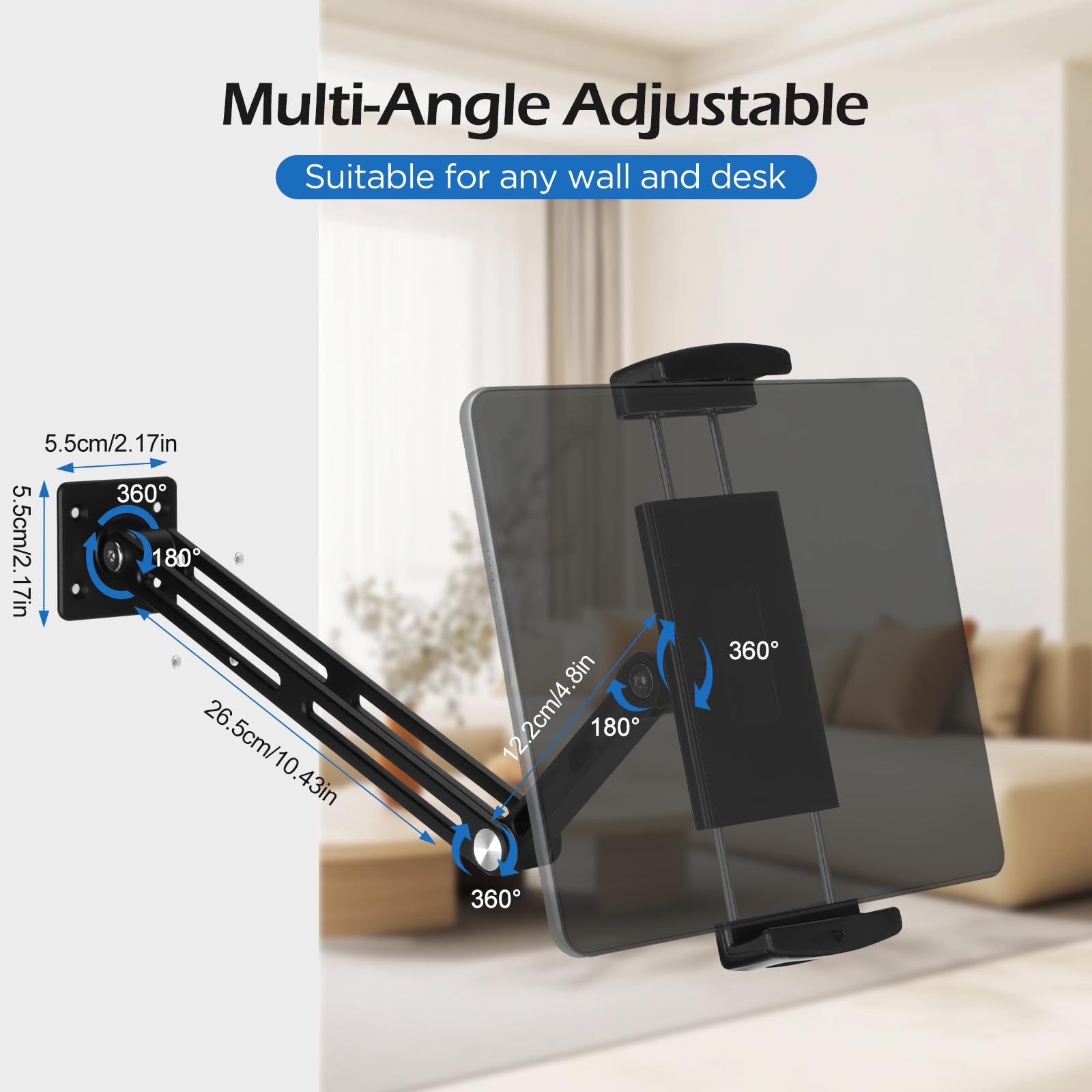 VINATO Supporto Tablet Muro Regolabile a 360° Allungabile in Alluminio Pieghevole per iPad Telefoni 4,7"-13" Nero