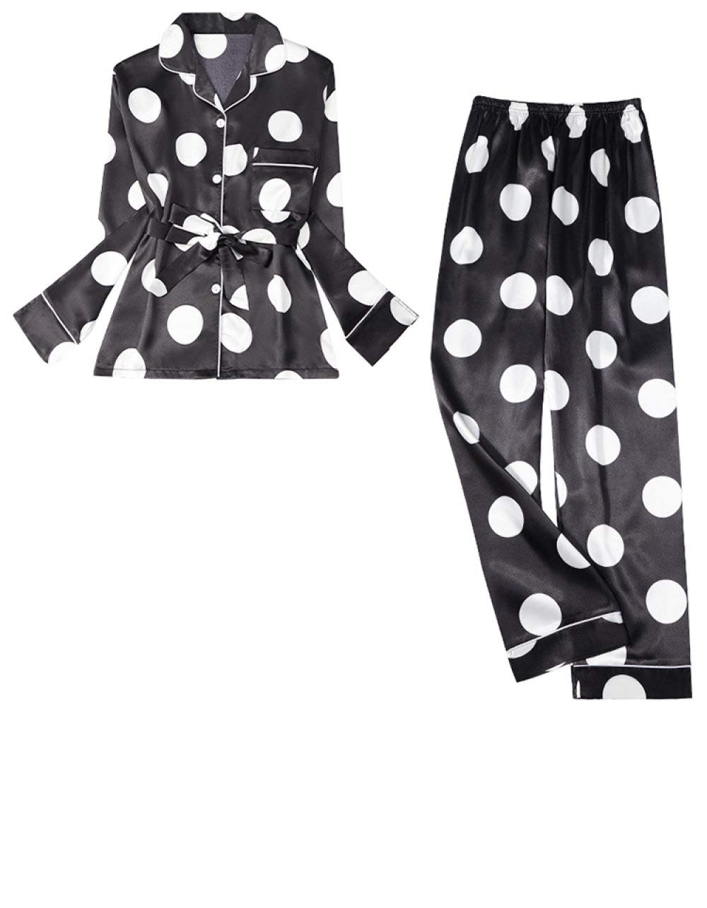 YUHOOE Pijamas De Mujer,Conjunto De 2 Piezas De Pijama De Satén De Seda,Rayas Clásicas Sedosas,Lunares,Mangas Largas,con Botones,Ropa De Dormir,Bata De Kimono,Ropa De Estar con Cinturón,Negro,M
