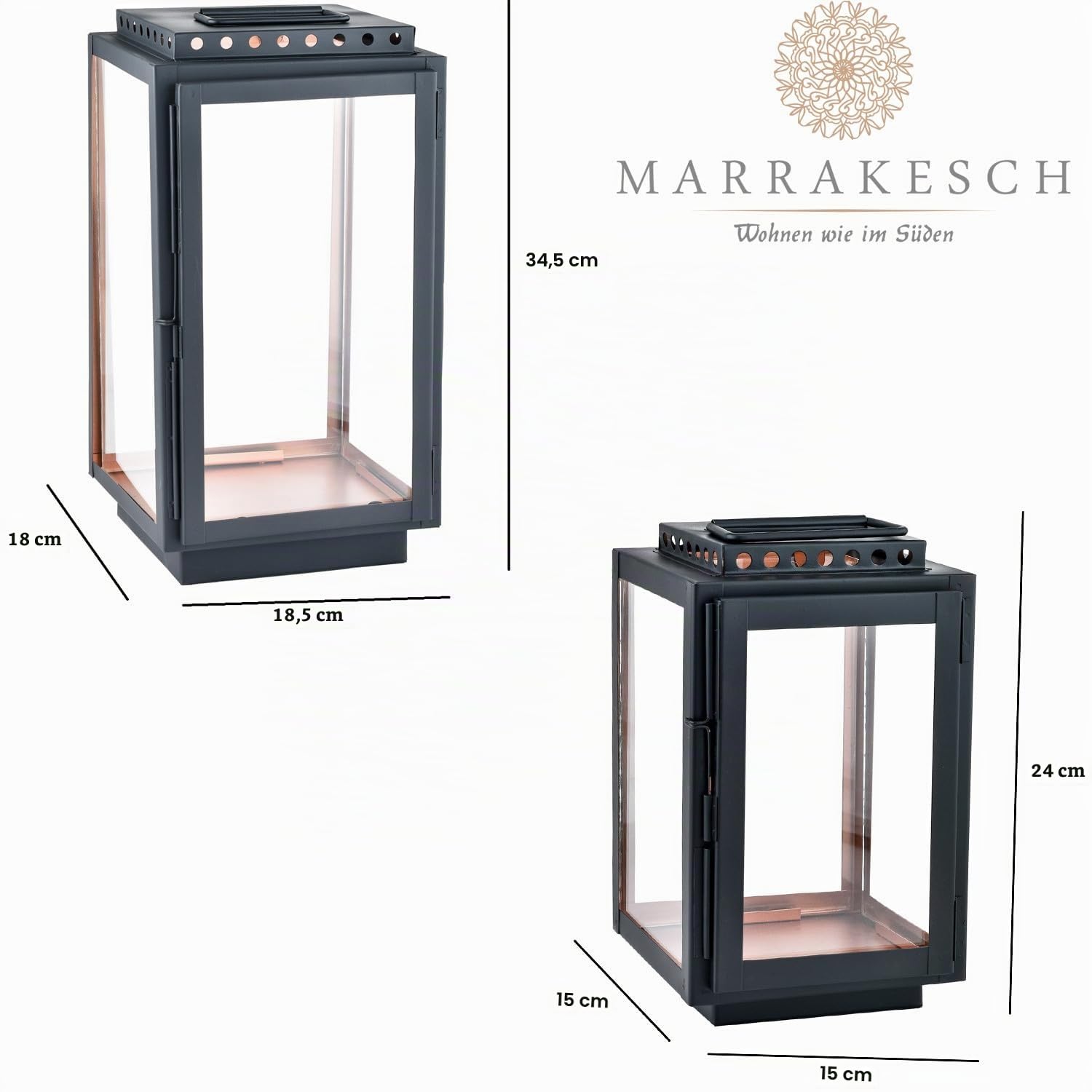 2er Set Laterne Jona aus Metall und Glas schwarz modern 34 cm Deko