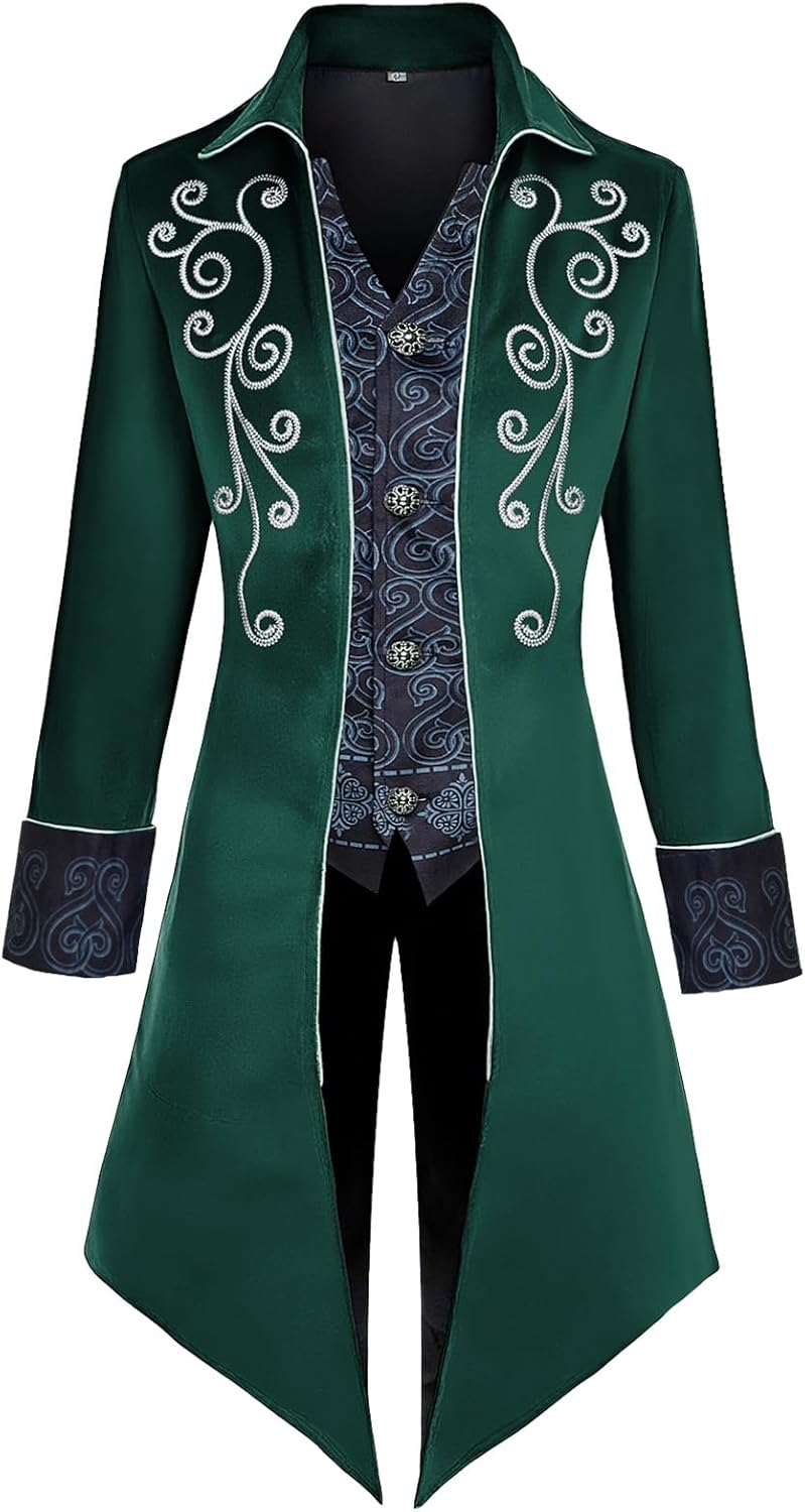 medieval clothing men's costumes steampunk jacket, victorian gothic tailcoat, halloween pirate vampire costumes green small