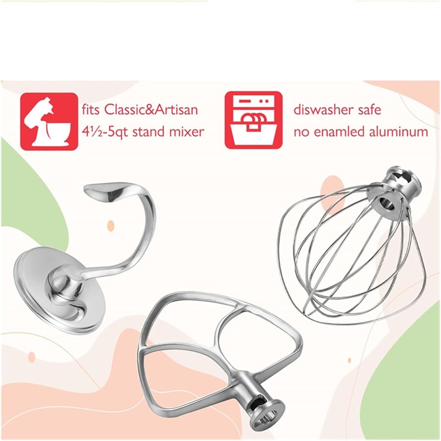 blender replacement, Stainless Steel Accessories,Compatible For Kitchenaid 4.5-5 Qt Tilt Head Stand Mixer, Includes 6 Wire Whisk, Flat Beater,Dough Hook,for parts