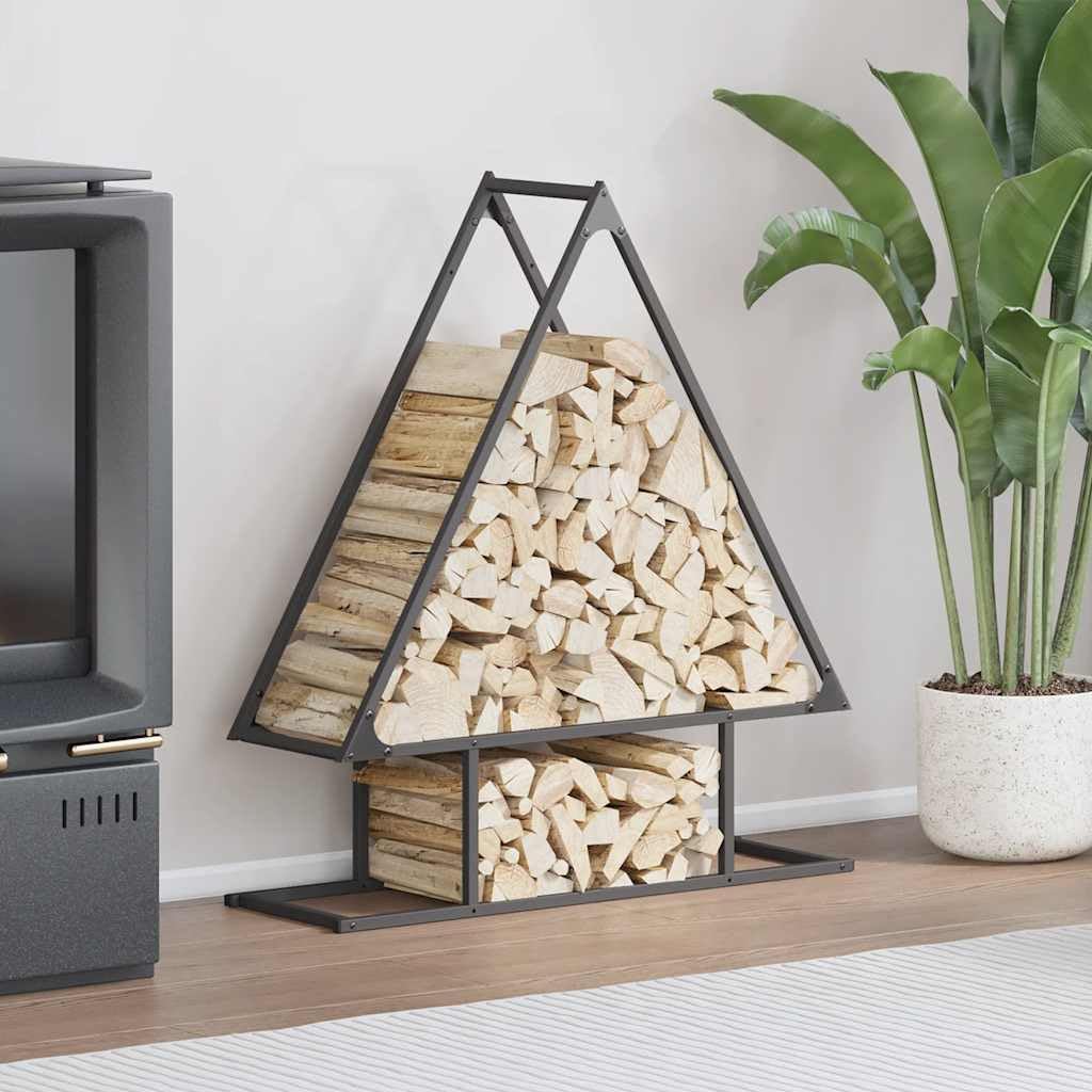 Estantería para leña negra 80 x 25 x 90 cm, acero laminado en frío, cesta para leña para interior y exterior, soporta hasta 100 kg, carro estable para leña para jardín y salón