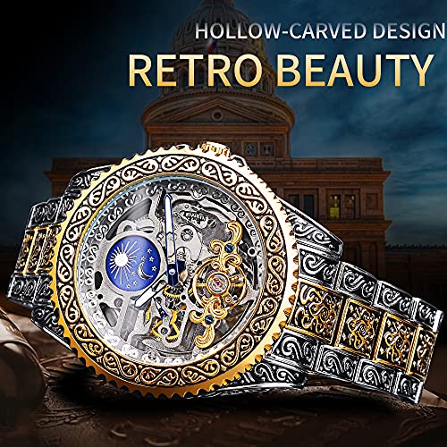 Forsining 60301 Retro Watch For Men Carved Self-Wind Mechanical Tattoo Tourbillon Moon Phase Independent Seconds Skeleton Automatic Big Dial Wrist Watches,Gold thumb #2