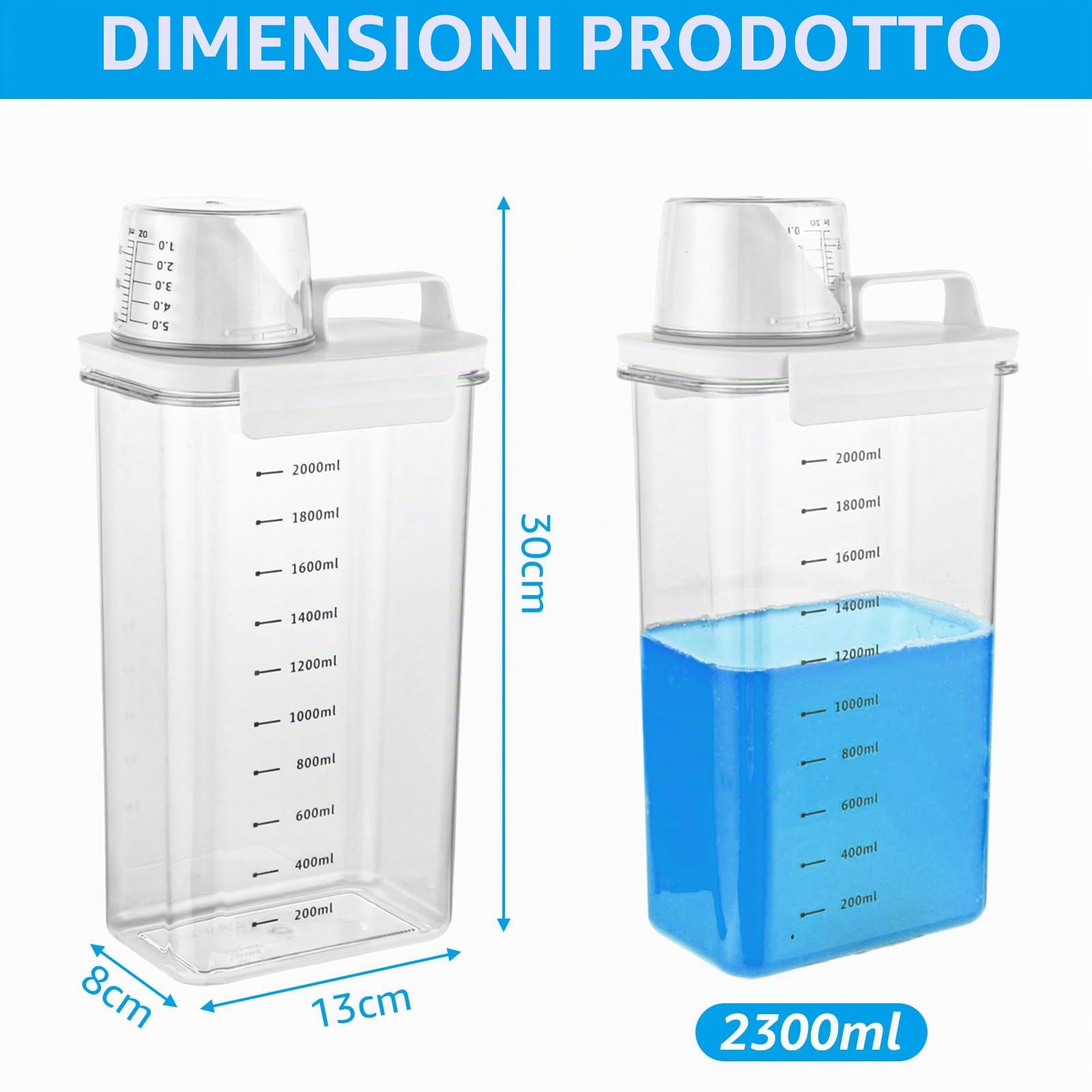 2 Pezzi 2300ML Dispenser Detersivo Lavatrice con Misurino, dispenser detersivo lavatrice, contenitore per detersivo, dispenser multiuso in polvere,dosatore detersivo lavatrice per polvere