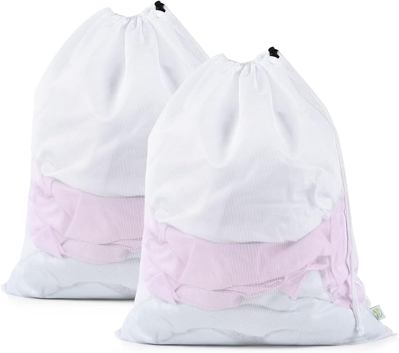 2 Pack Mesh Laundry Bag 20x24 Inch Heavy Duty Laundry Fine Mesh Bags Dirty Clothes Drawstring Laundry Wash Bag Delicates Net Storage Travel Bag Don't Drying, Melting 140-176℉ White | Dirty Clothes Drawstring Laundry Wash Bag Delicates Net Storage Travel Bag Don't Drying, Melting 140-176℉ White