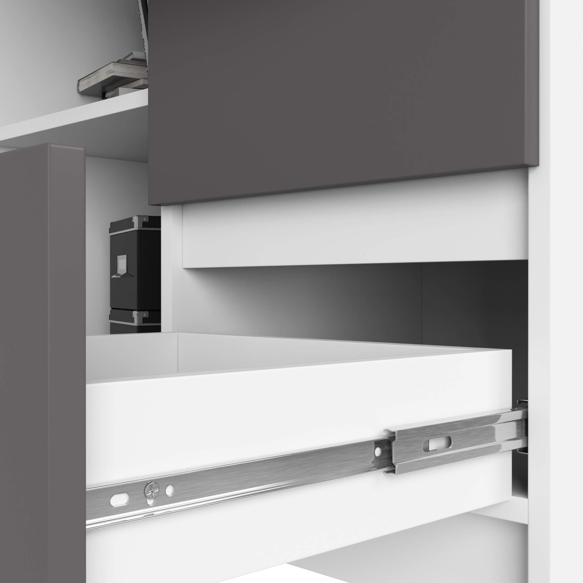 AKORD Bureau d'angle avec 2 étagères et 3 Tiroirs | Table avec Meuble de Rangement intégré et modulable | L124 x H77 x P85 | Fourniture Bureau | Blanc & Graphite Façade