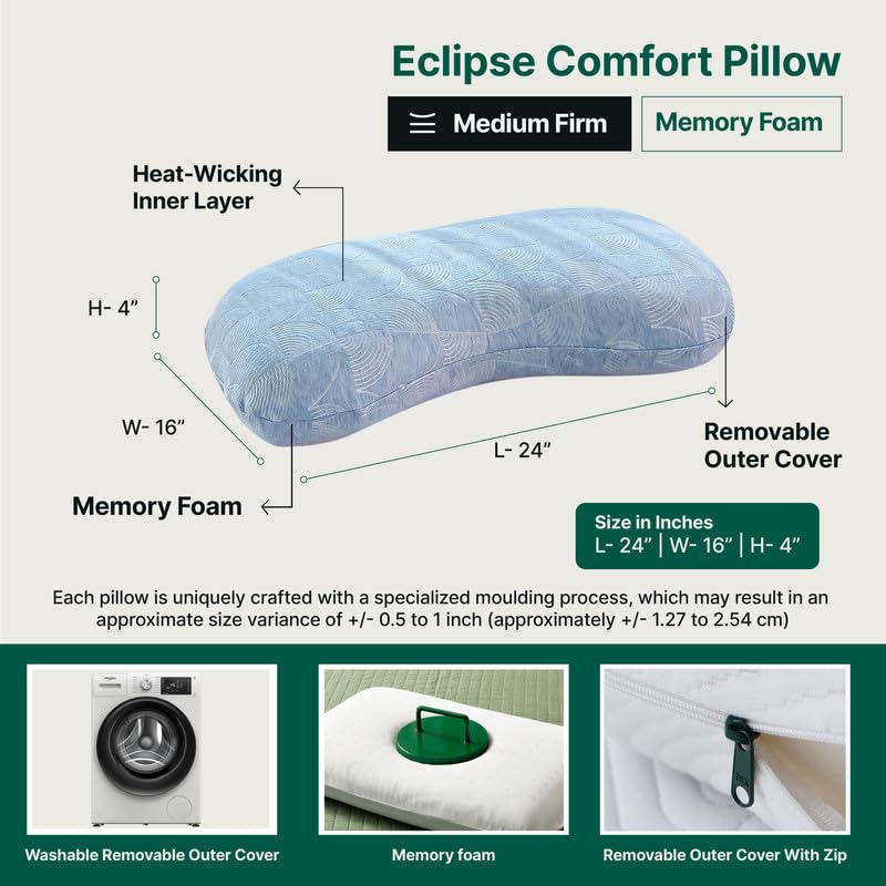 Image of The White Willow Memory Foam Orthopaedic Multi Position Special Curve Bed Pillow for Sleeping & Neck Pain Relief with Washable Zippered Pillow Cover (24 inch L x 17 inch W x 4.5 inch H) Blue