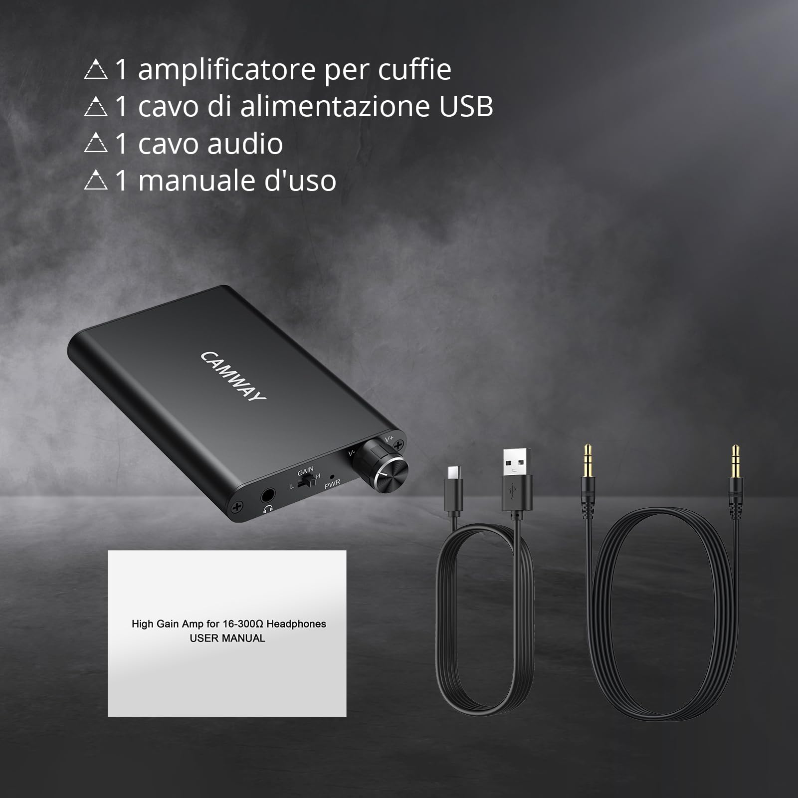 Amplificatore per Cuffie Hi-Fi Portatile Ricaricabile 16-300Ω Due Livelli di Guadagno Manopola Volume Ingresso/Uscita 3,5 mm