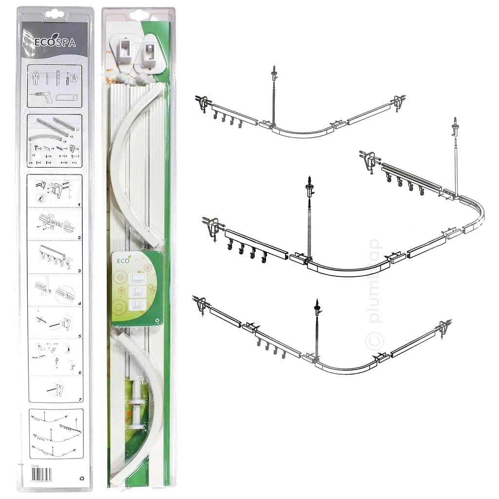 Ecospa White Angled Bathroom Shower Curtain Track Rail With Hooks For L Shape Or U Shaped Showers,