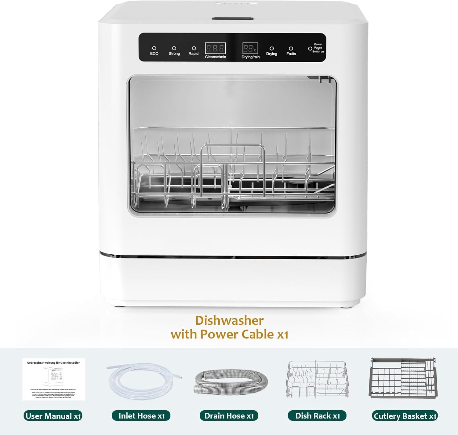 800W Plan de travail lave-vaisselle portable, lave-vaisselle de table avec 6 programmes et réservoir d’eau de 6L, mini lave-vaisselle avec couvercle semi-transparent et affichage LED, parfaitement