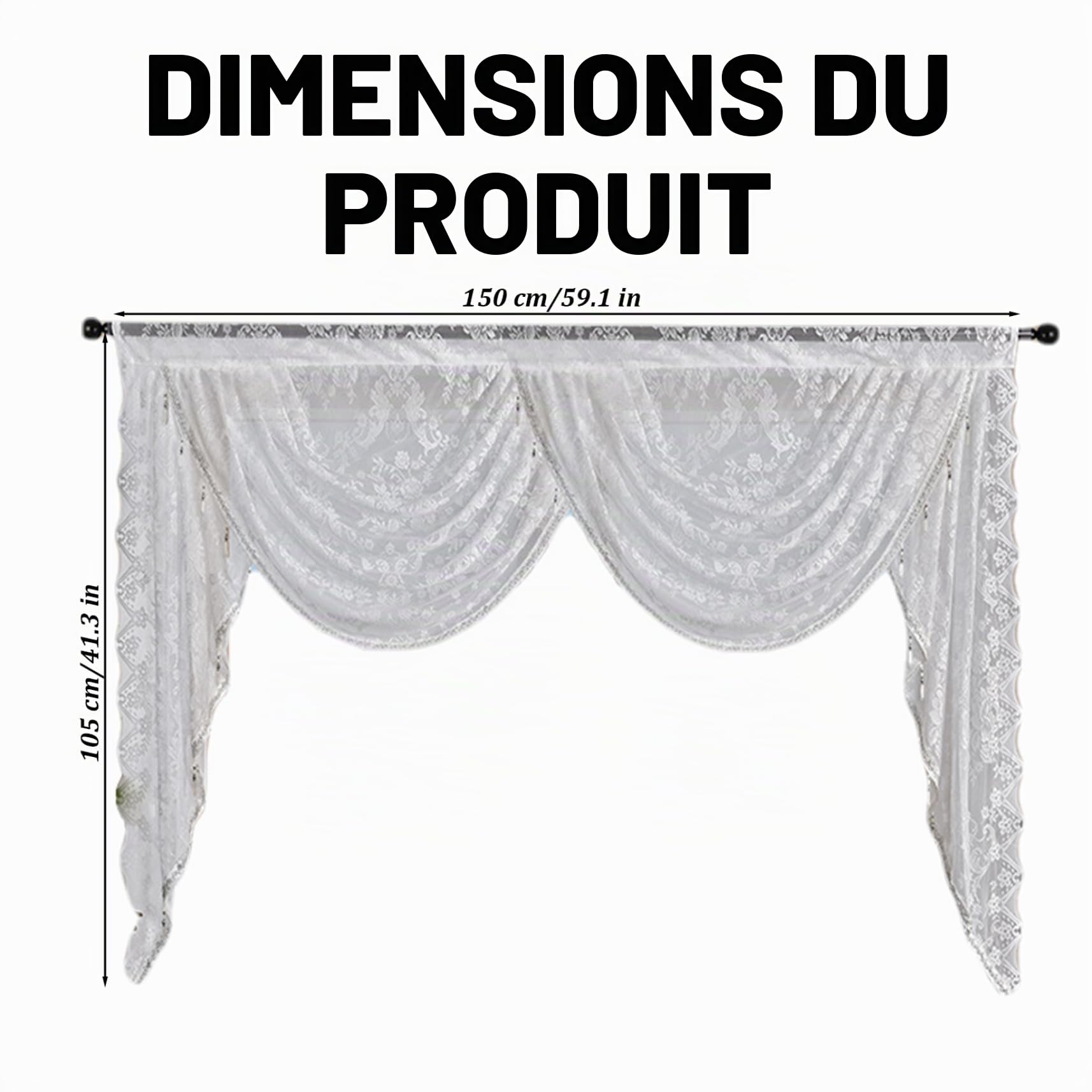 Rideaux à Volants en Cascade 59x41 Pouces cantonnière à Volants en Cascade avec Passe-Tringle cantonnière perlée avec Bords en Dentelle pour fenêtre de Cuisine