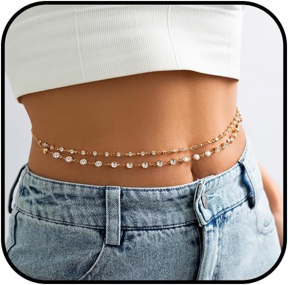 Crystal Belly Chain for Women Gold Layered Waist Chain Sparkly Rhinestone Body Chains Belt Adjustable Beach Bikini Body Jewelry