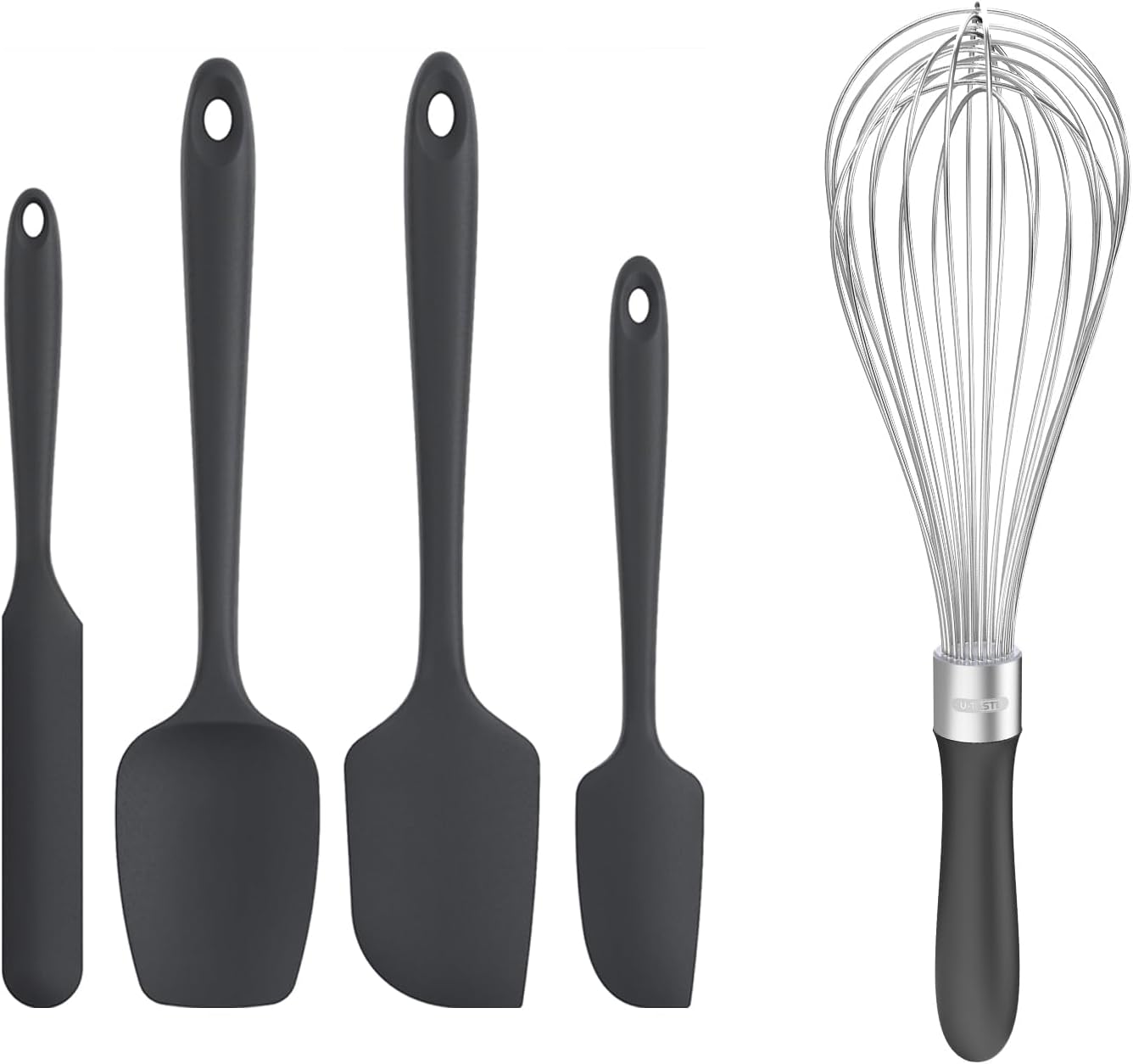 U-Taste 600ºF Heat Resistant Food Grade Silicone Spatula Set of 4, and 18/10 Stainless Steel Balloon Whisk for Kitchen Cooking with 12 Flex Wires (Black)