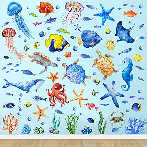 Ocean Fish Wall Stickers Under The Sea Wall Decals Bathroom Wall Stickers Waterproof Sea Life Creatures Marine Animal Stickers for Kids Boys Nursery Bedroom Decor Cover