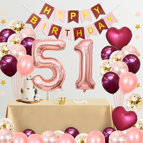 Miniatura 3 de Suministros de decoración de cumpleaños número 51 para niñas y mujeres, pancarta de papel rosa burdeos feliz, cinta para decoración de pastel, papel