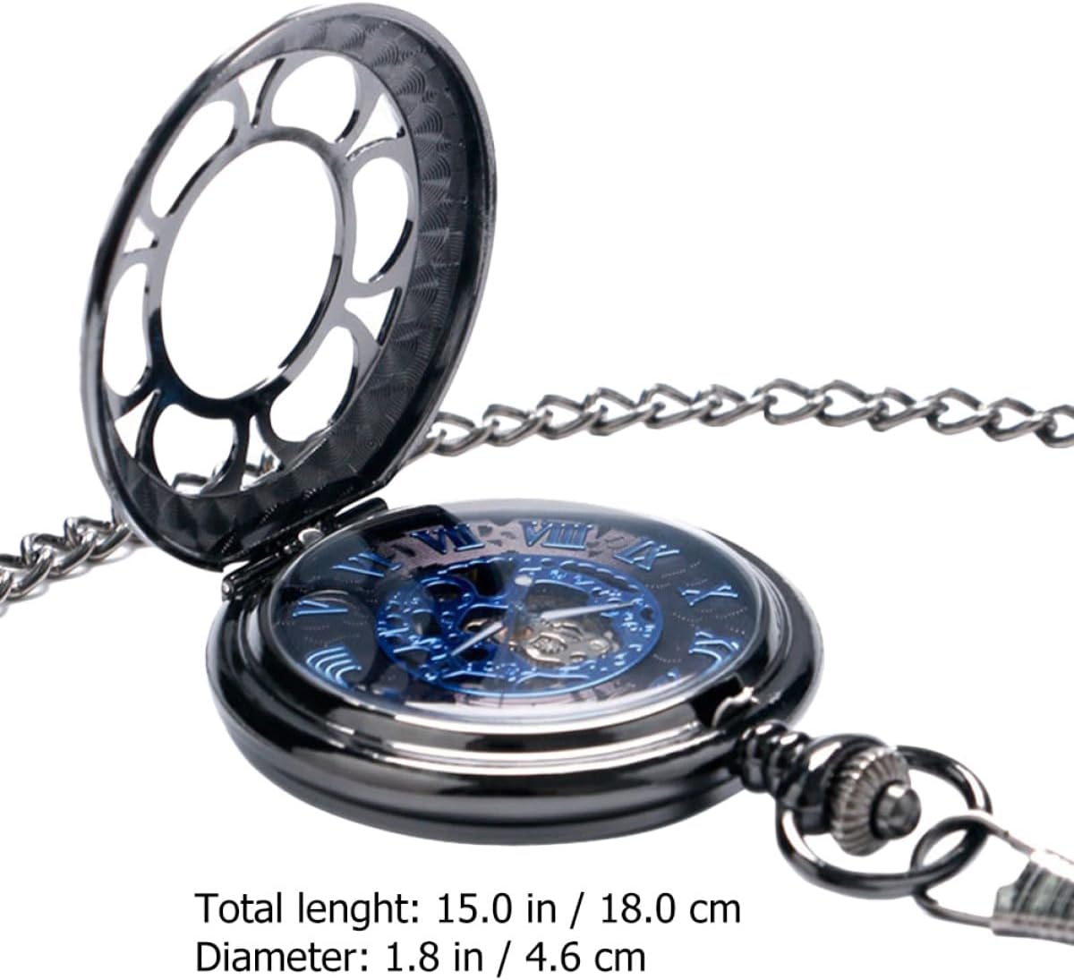 LIFKOME Mechanical Skeleton Pocket Watch with Chain Retro Black Alloy Roman Numerals Pocket Watch for Men Hollow Vintage Suitable for Daily Wear