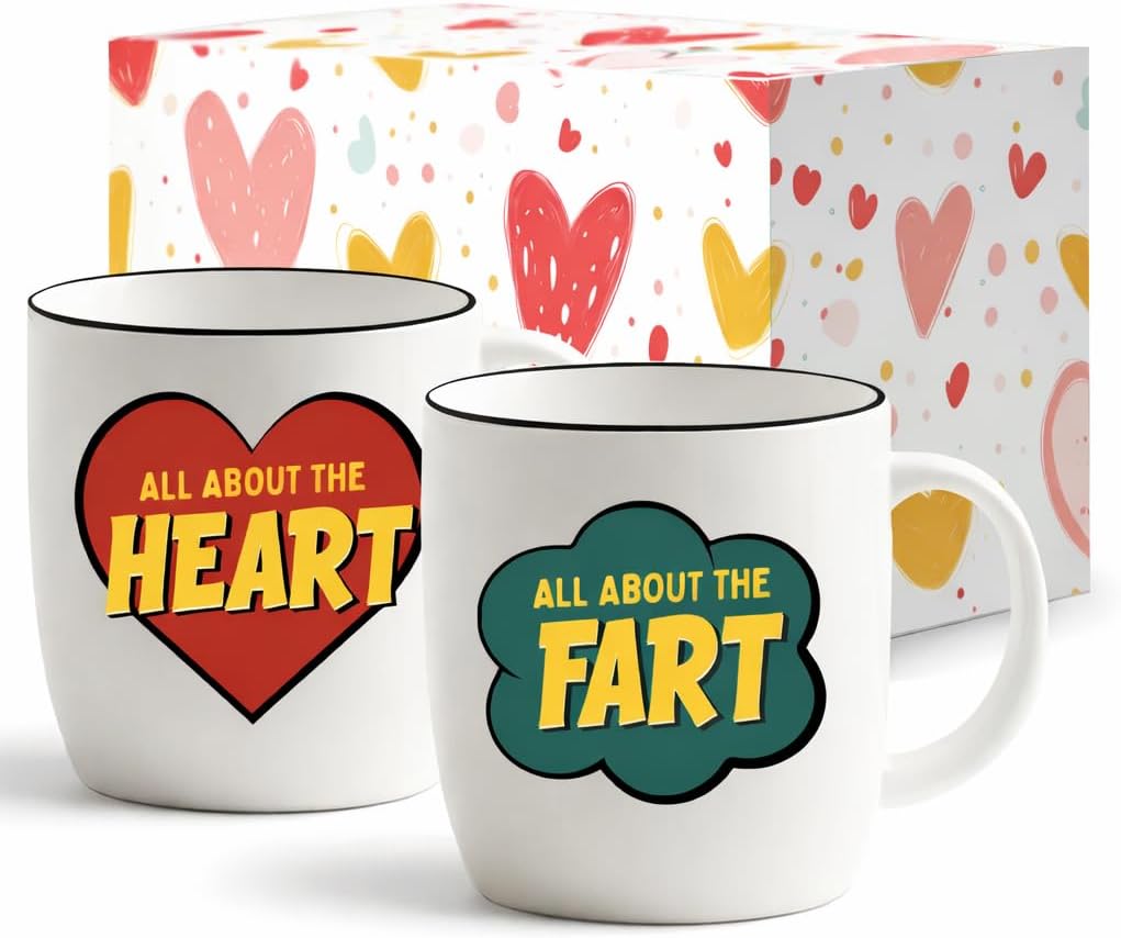 Triple Gifffted Anniversary Mugs for Couples - Pop Art Funny Fart Gag Gifts - 13oz Ceramic Coffee Cups in Gift Box - Idea for Valentine’s Day Christmas Wedding - Boyfriend Girlfriend - Husband Wife