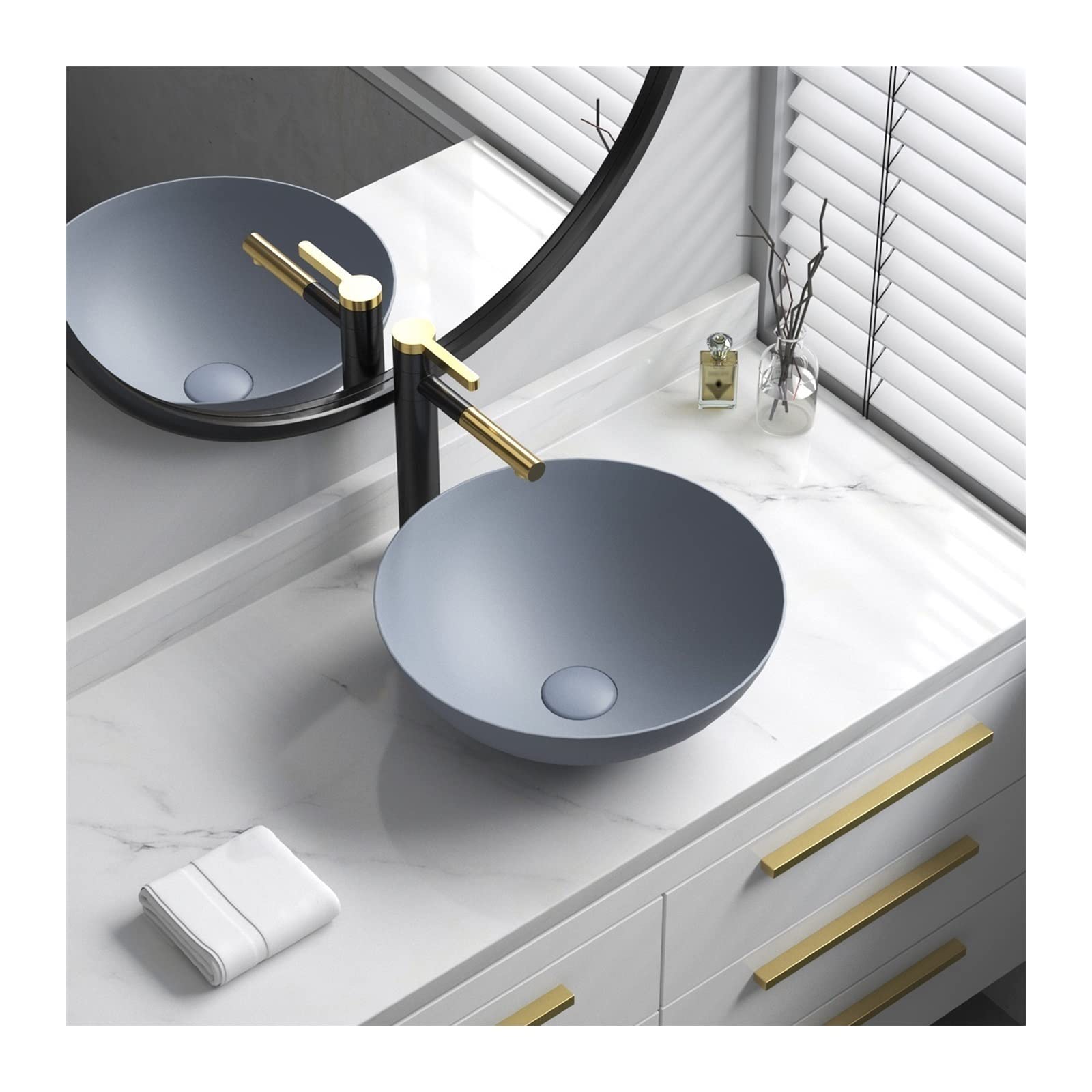 HPTHLY Bathroom Sink 15.7"X15.7" Modern Round Bathroom Vessel Sink With Drain Matte Ceramic Top Vanity Basin Table Art Basin Wash Basin Vessel Sinks (B)