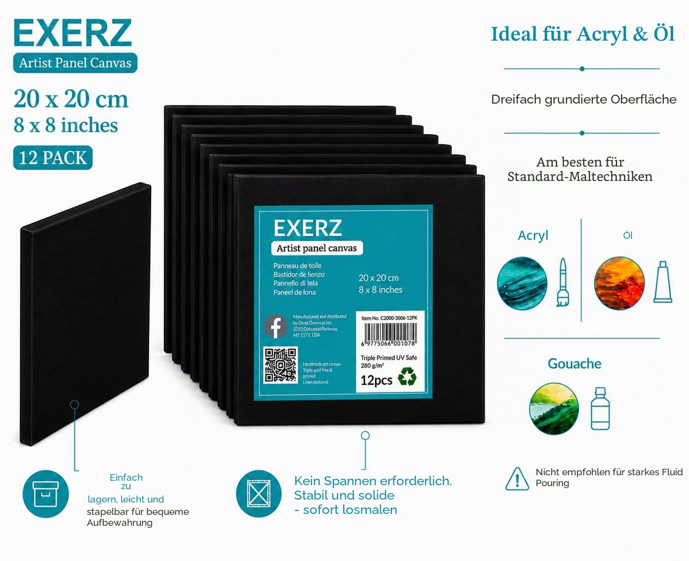 Exerz Schwarze Leinwand 20x20cm, 12er-Set Malkarton, Künstler-Leinwände aus 100% Baumwolle, 280 g/m², 0,3cm Dick, Blanko, Dreifach Grundiert, Säurefrei, Mittlere Körnung