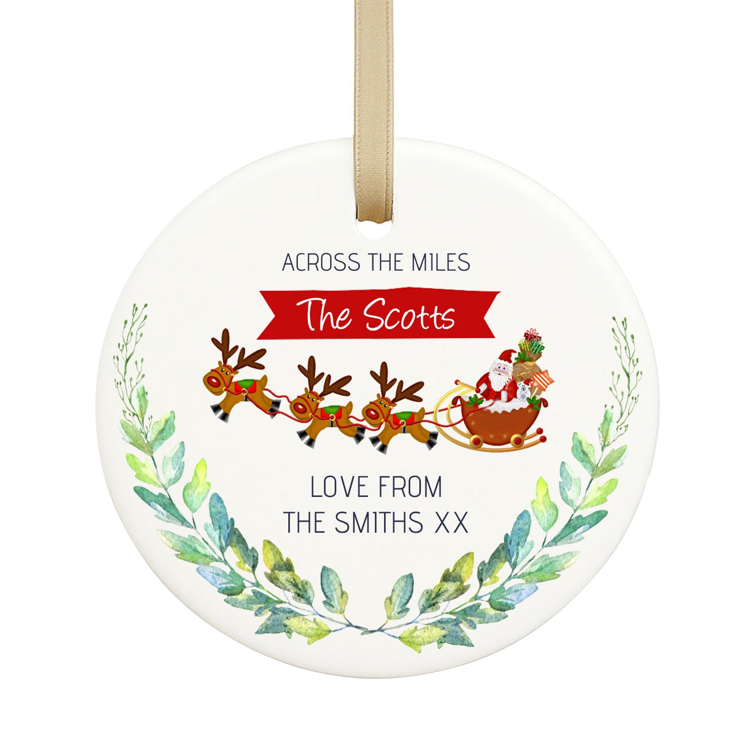 GuteGifts Personalised ACROSS THE MILES Christmas Ceramic Bauble Customize with Any Name Gift for Friends,Family Member, Xmas Tree Decor Ornaments Hanging Sign Keepsake