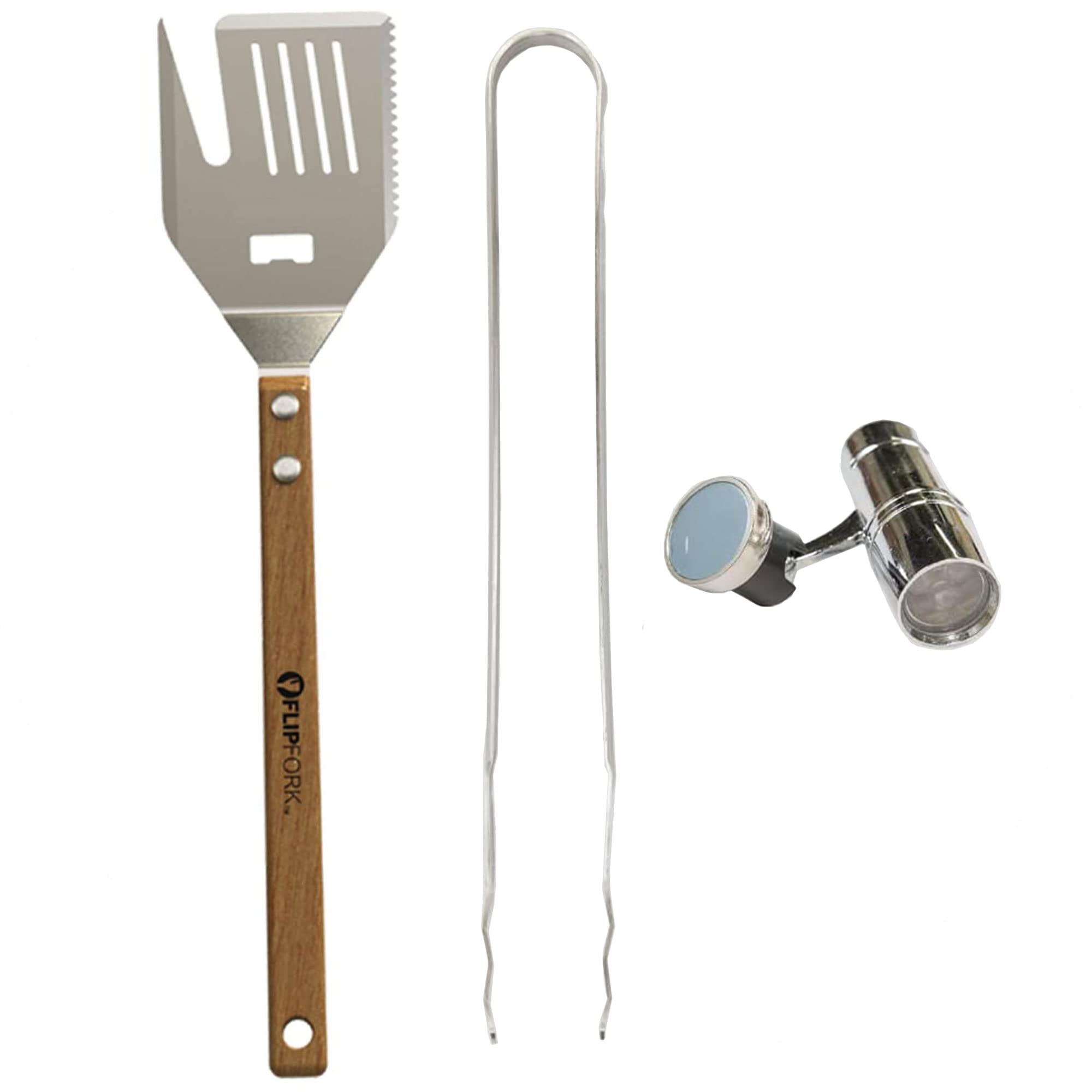 Flipfork-BBQ Grill Set with Spatula Tongs and LED Magnetic BBQ Light