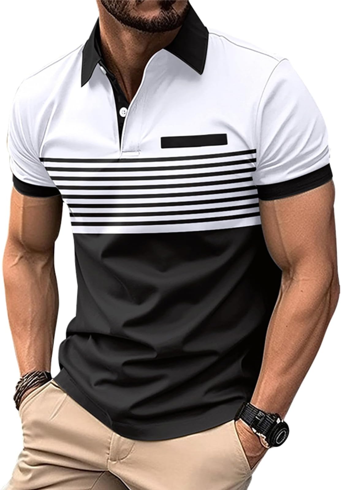 SthxyfaithMens Golf Polo Shirts Short Sleeve Collar Tennis Shirt Color Block Striped Work T-Shirt Green Medium