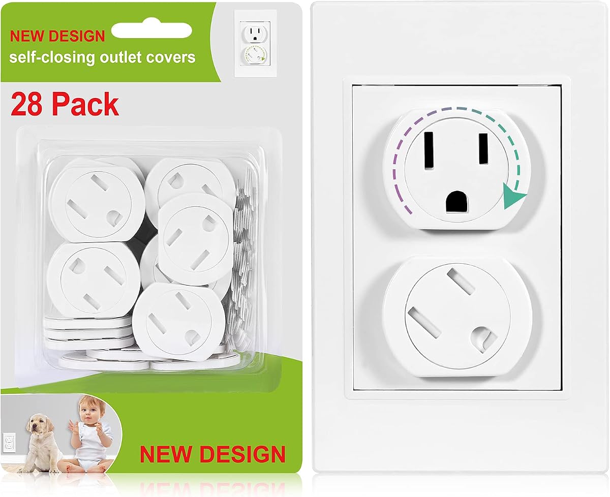 Self-Closing Outlet Covers (28 Pack), Pet & Baby Proof Outlet Plug Covers | 3-Prong Swivel Outlet Covers Baby Proofing Electrical Protectors, Easy Adhesive Installation, Prevent Electrical Shock