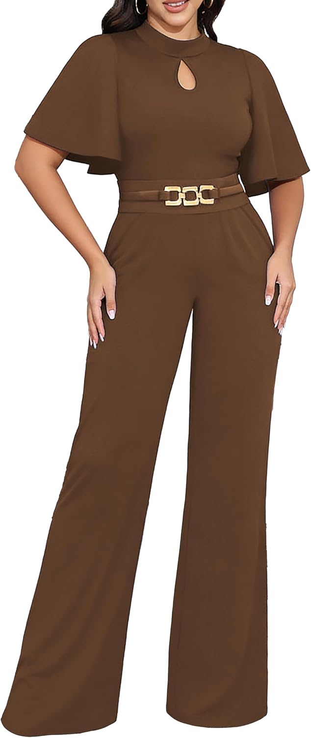 Yiershu Womens Casual Loose Ruffles Short Sleeve Belted Wide Leg Pant Romper Jumpsuit Casual Business One Piece Outfits