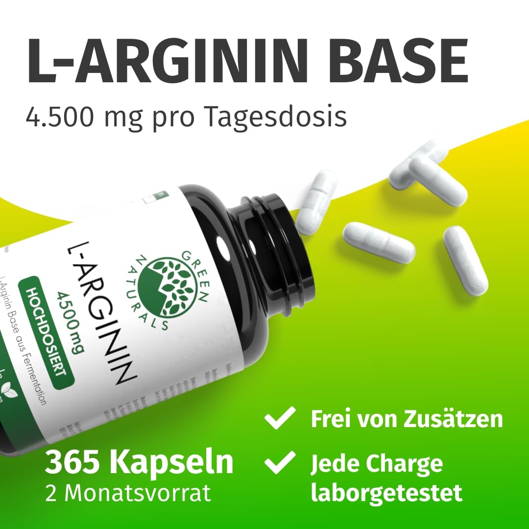 Green Naturals L-Arginin – Hochdosiert: 4.500 mg – 365 Kapseln | Reines L-Arginin Base · Aus natürlicher Fermentation · 2-Monatsvorrat