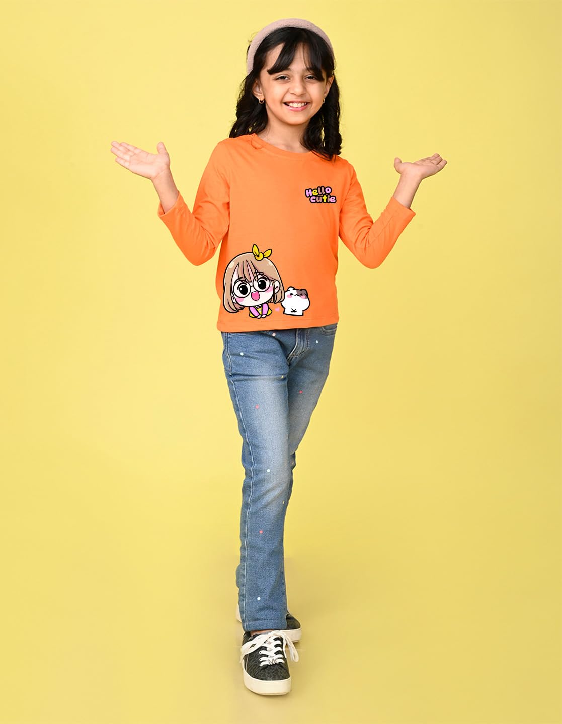 Nusyl Hello Cutie - T-shirt in cotone a maniche lunghe con stampa con testo per ragazze, magliette a girocollo a costine, maglietta casual, colori di stampa a lunga durata |