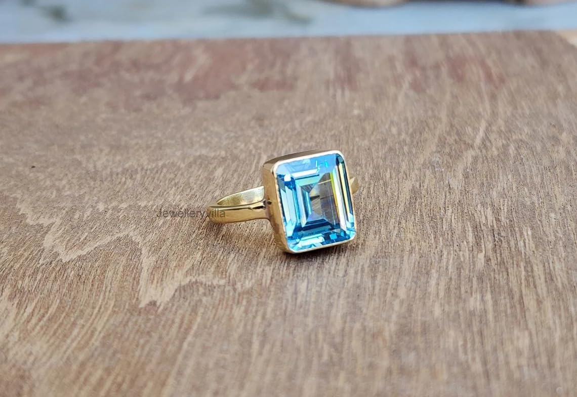 Square Aquamarine Statement Ring, Promise Ring, Yellow Gold Ring, 925 Sterling Silver Ring, Blue Gemstone Ring, Women Ring, Gift for Her