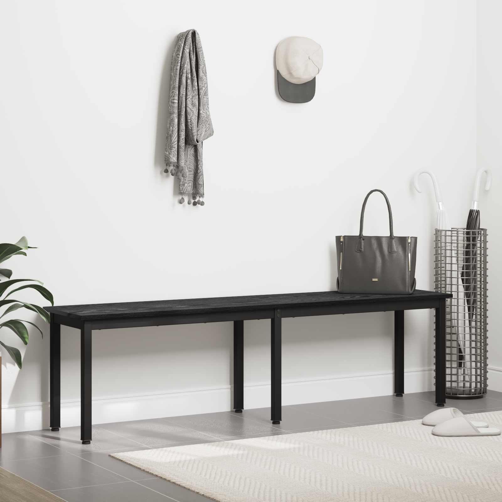 Ławka do siedzenia w kolorze czarnym o wyglądzie dębu, 160 x 35 x 45 cm, materiał drewnopochodny z metalowymi nogami, wytrzymała ławka drewniana do jadalni, korytarza, salonu, praktyczna