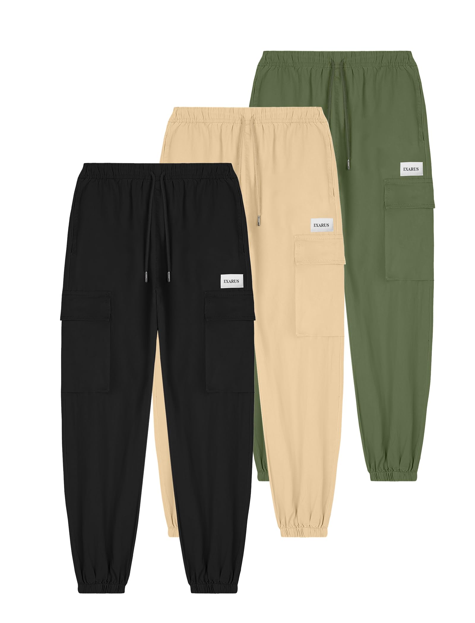 EXARUS Paquete de 3 pantalones deportivos tipo cargo para niños, de algodón, de secado rápido, ligeros, con cordón, para senderismo, con bolsillos, cintura elástica