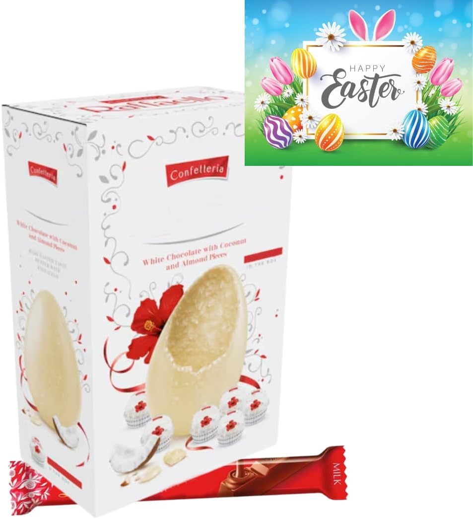 Luxury Chocolate Egg - Large White Chocolate Eggs Gift, White Chocolate Egg With Almond and Coconut Pieces - for Adult and Kids - With Premium Lint Chocolate Bar