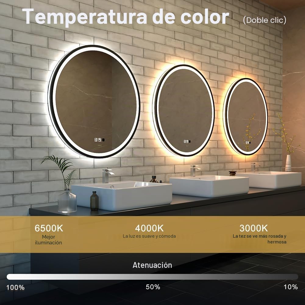 GANPE Espejo con Sensor LED, Redondo de inducción Corporal, iluminación Regulable, antivaho, IP44, Impermeable, montado en la Pared (Marco Redondo, 80 cm)