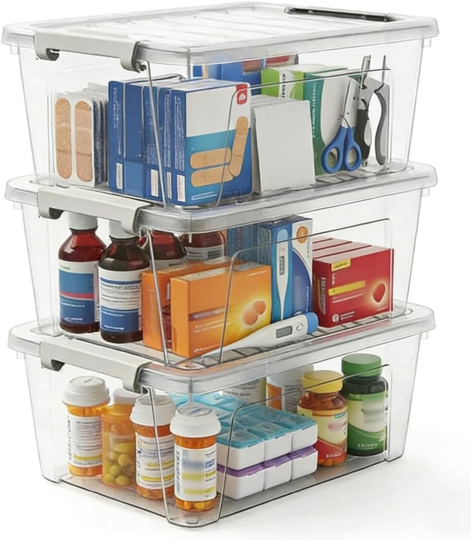 SR Plastic Storage Bin with Lid | Craft Storage, Organizing Container for Home, Office & Art Supplies | Large Stackable Organizer Storage Box | wardrobe organizer (40x20x15) (Pack of 3)-image-3
