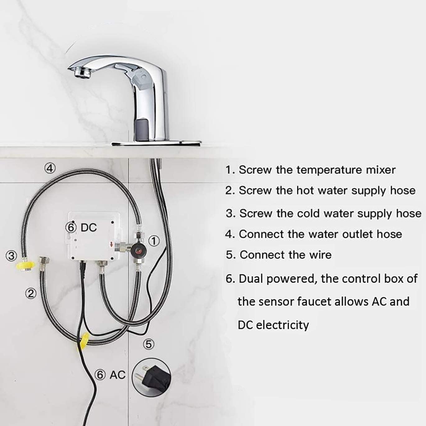 Automatic Bathroom Sink Faucet with Hole Cover Plate Sensor Touchless Dual-Powered Chrome Vanity Faucets Hands Free Water Tap with Control Box and Temperature Mixer Matching Pop Up Drain with Overflow