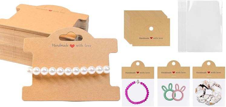 ALLWSLucky 50PCS Bracelet Cards and 100Pcs Jewelry Packaging for Small Busines, Bracelet Display Cards Handmade with Love Jewelry Display Card for Small Business