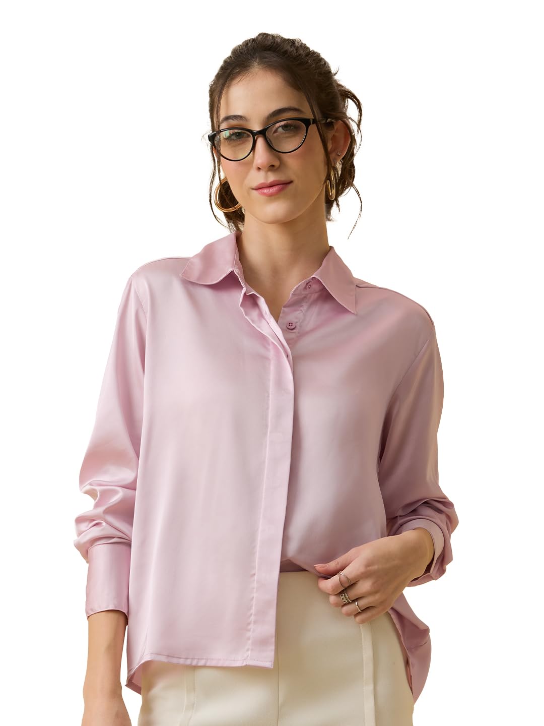 the souled store Satin Shirt: Women and Girls Full Length Sleeves Spread Collar Solid Polyester Relaxed Fit Wrinkle-Resistant Lightweight Everyday Shirt-picture-10