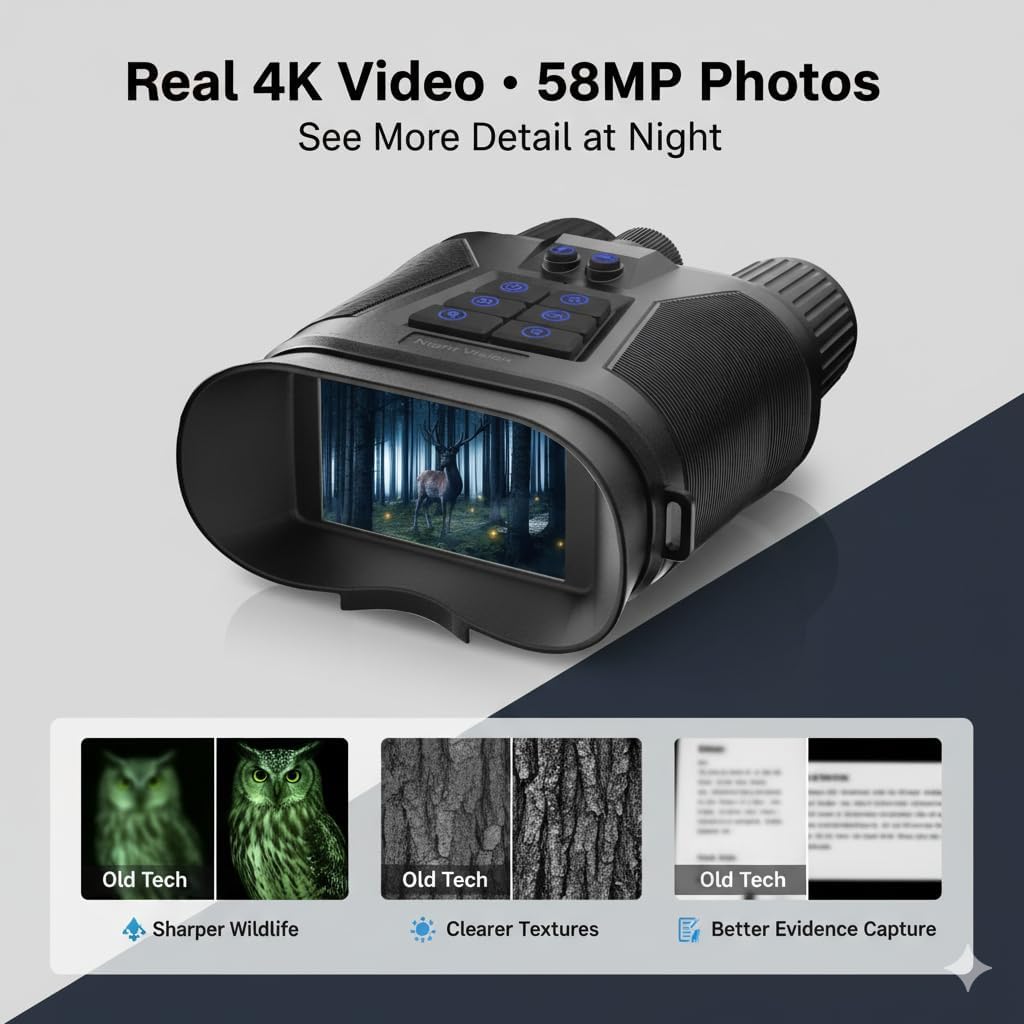 4K Digital Night Vision Goggles for Adults - Rechargeable Infrared Binoculars with 3'' Large Screen - 32GB Card Included, 3500mAh Battery, Audio Recording - 8X Zoom for Hunting, Camping & Security