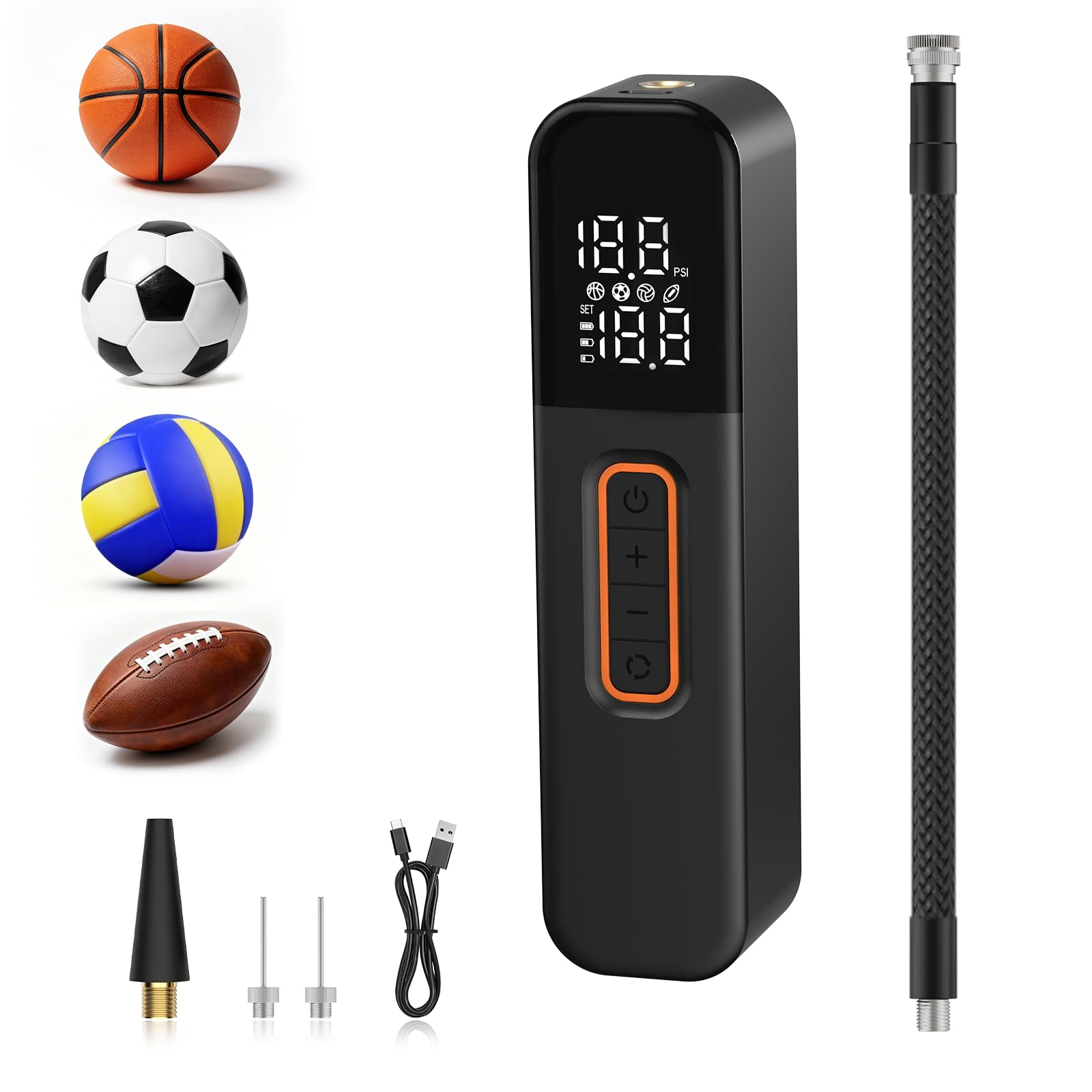 kissleaf Pompe à Ballon électrique Intelligente, Portable, gonflage Rapide de la Balle avec manomètre précis et écran LCD numérique pour Football, Basketball, Volley-Ball(2 Aiguilles et 1 buse)