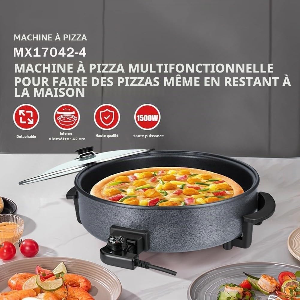 Poêle électrique de 42 cm avec couvercle, 1500W antiadhésive, Thermostat réglable pour frire, griller, faire des marmites et des pizzas lors de réunions de famille (9 cm de profondeur)