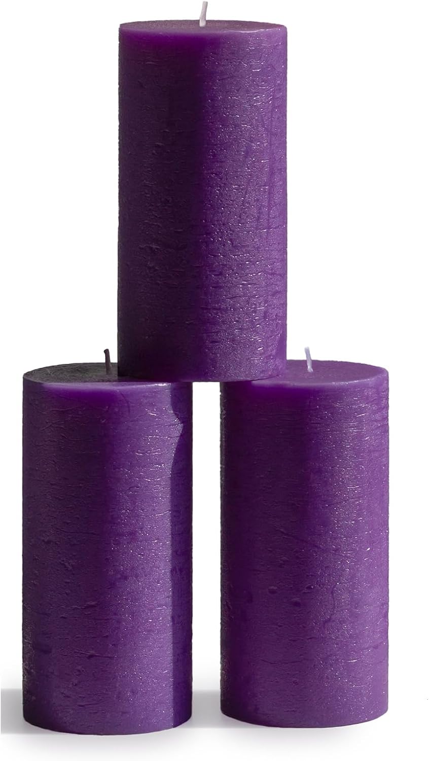 CANDWAX Large Pillar Candles 3x6 Inch – Set of 3 Unscented Dripless Purple Candles, Long Burning Rustic Look for Weddings, Events, Home Decor