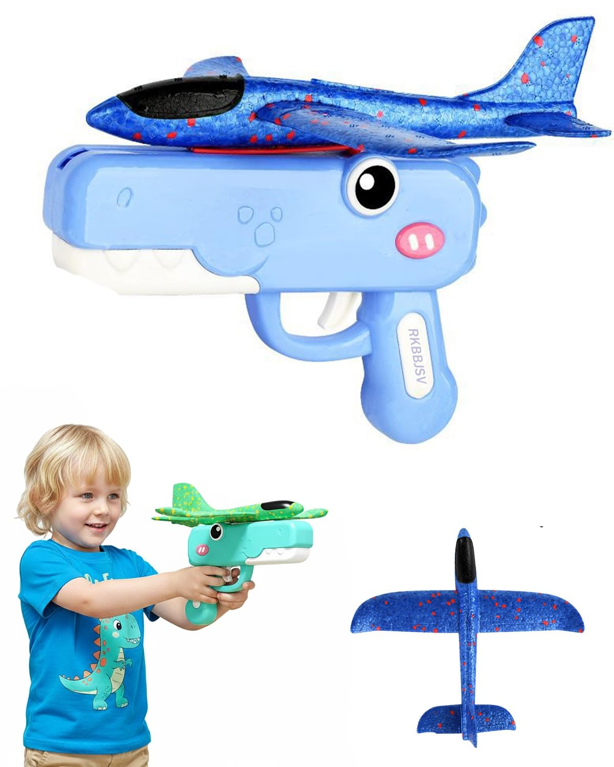 Foam Glider Airplane Launcher Toy, Dinosaur Catapult Gun Aircraft, Outdoor Flying Aircraft with Easy-Load Mechanism, Long Flight Distance Gliders, Fun Birthday Gifts & Party Favors(Blue)